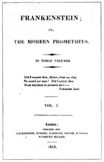 Forsiden til førsteudgaven af 'Frankenstein' fra 1818. Bemærk at Mary Shelleys navn ikke optræder.