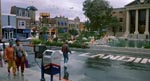 Hill Valley anno 2015. Bemærk de flyvende biler. Og tøjet.