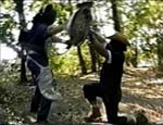 Filmens klimaks: Gartneren kæmper mod en mand, der er bærer en skraldespands-rustning og senere viser sig at være hans enæggede tvilling