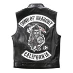 Populærkulturen overtager. Faux lædervest fra Wish med mærker fra den fiktive outlaw-klub, Sons of Anarchy, fra serien af samme navn. Foto: Wish.com.