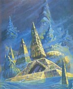 The dread corpse city of R'lyeh. Farveplanche af Tom Sullivan.