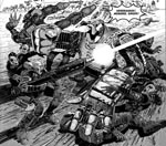 Robotten Mongrel går amok, tegnet af Henry Flint Robotten Mongrel går amok, tegnet af Henry Flint.