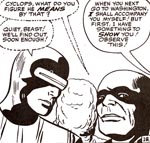 Cyclops, en meget uformeligt tegnet Iceman og The Beast. Fra nr. 2.