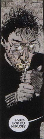 I 'Hold Me' er flere af historiens personer fra Dave McKeans side tegnet efter personligheder på den britiske tegneseriescene i 80'erne - her historiens forfatter Neil Gaiman