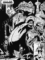 Dinosaurer går amok i Mega-City One, her i Ron Smiths streg