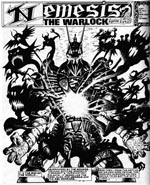 Nemesis The Warlock mens han bruger sin mørke magi (tegnet af Talbot)