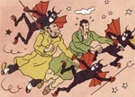 En meget atypisk Hergé-tegning: De to skurke føres til Helvede En meget atypisk Hergé-tegning: De to skurke føres til Helvede.