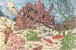 Iført dykkerdragt er Tintin på vej hen for at udforske vraget af Enhjørningen.